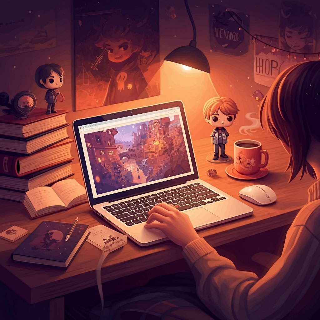 Young fanfiction writer organizing story ideas with sticky notes and a notebook, surrounded by creative inspiration and warm lighting.