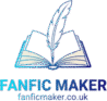 Logo for Fanfic Maker website with a white background. It features an open book in blue and gold, with a stylized blue and white feather pen standing upright from its center. Below the book, the name 'FANFIC MAKER' is written in large, clear blue font, with the website address 'fanficmaker.co.uk' in a smaller blue font underneath